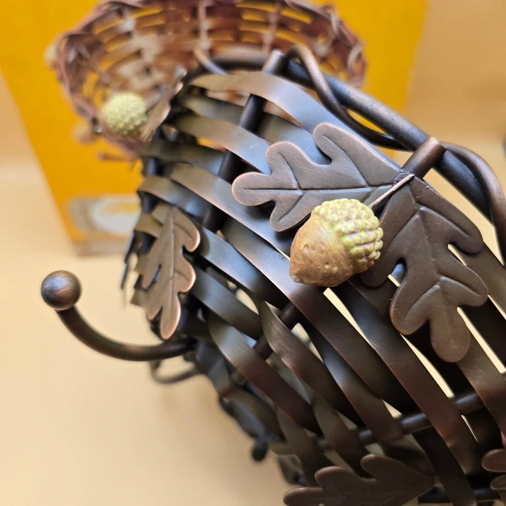 Harvest Time Copper Metal Basket Oak Leaf Acorn Woven Fruit Bowl Autumn Decor